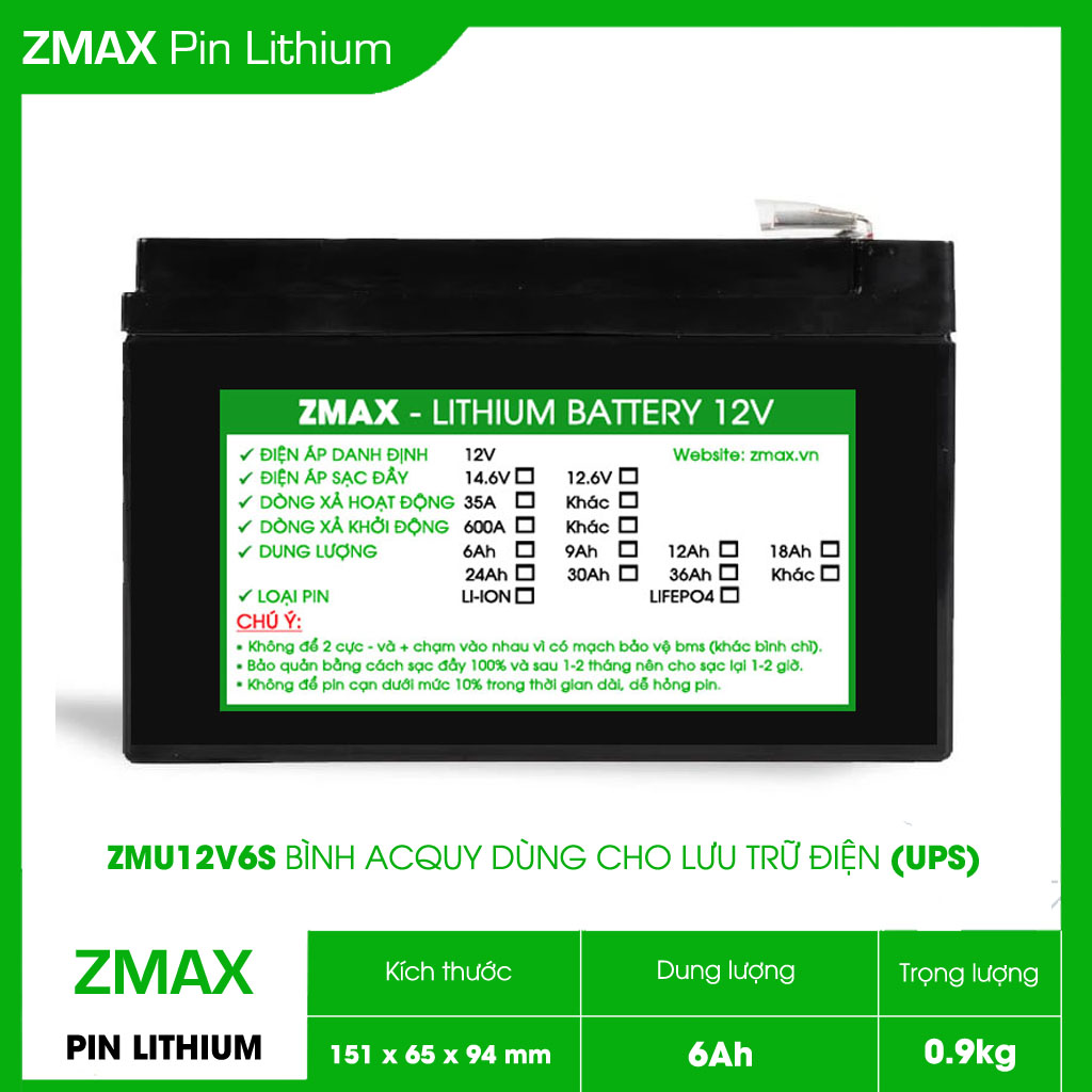 Bình Acquy Pin Lithium LiFePO4 12V 6Ah, ZMU12V6S Dùng Cho Bộ Lưu Điện UPS