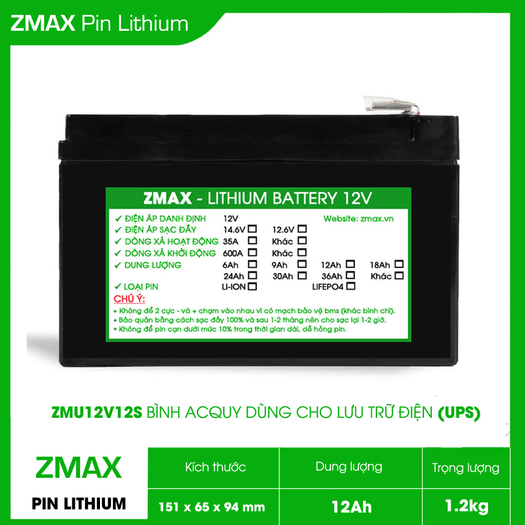 Bình Acquy Pin Lithium LiFePO4 12V 12Ah, ZMU12V12S Dùng Cho Bộ Lưu Điện UPS
