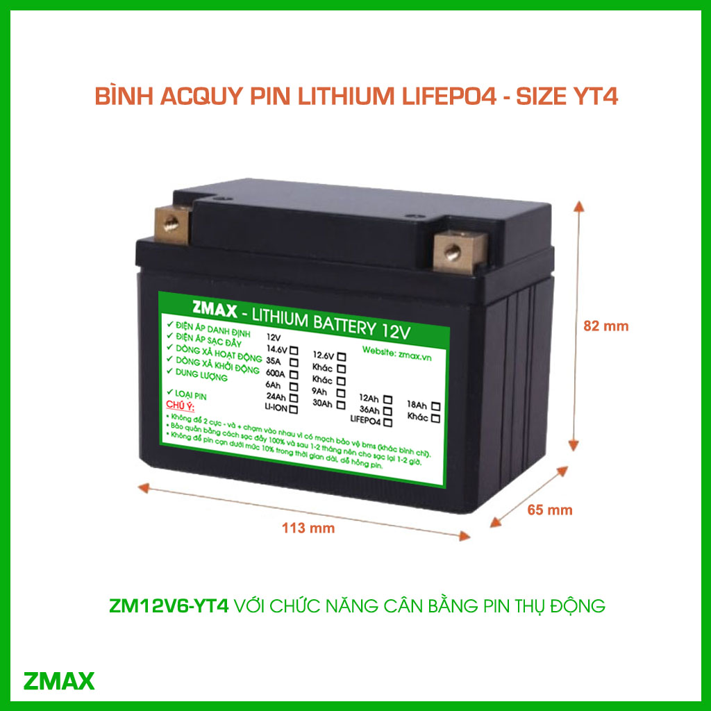 Bình Acquy ZMax Pin Lithium LifePO4 12V 6ah, ZM12V6-YT4 Dùng Cho Xe Máy